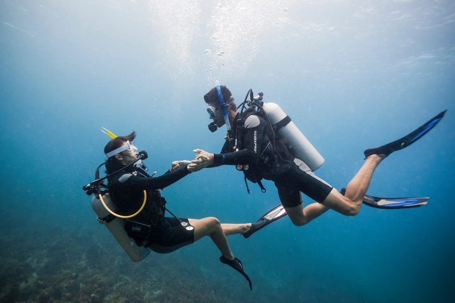 Couple scuba diving