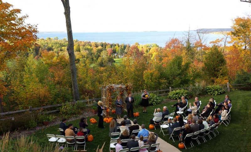 Beautiful fall wedding ceremony at the Landmark Resort in Door County