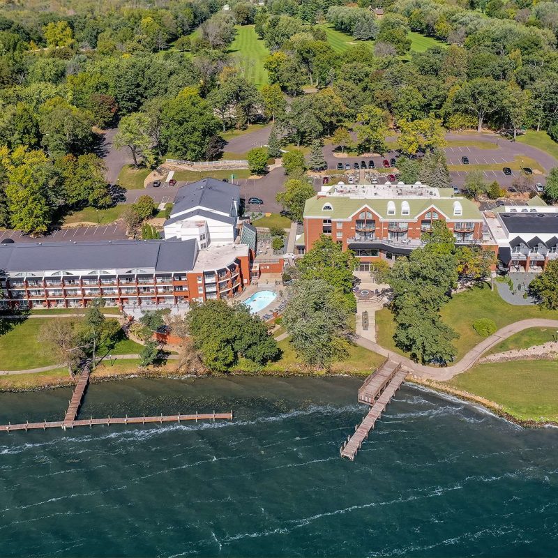 An aerial view of the beautiful Heidel House Hotel & Conference Center in Green Lake, WI