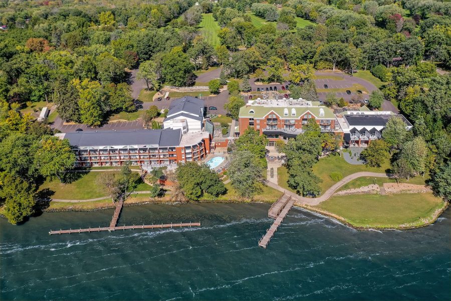 An aerial view of the beautiful Heidel House Hotel & Conference Center in Green Lake, WI