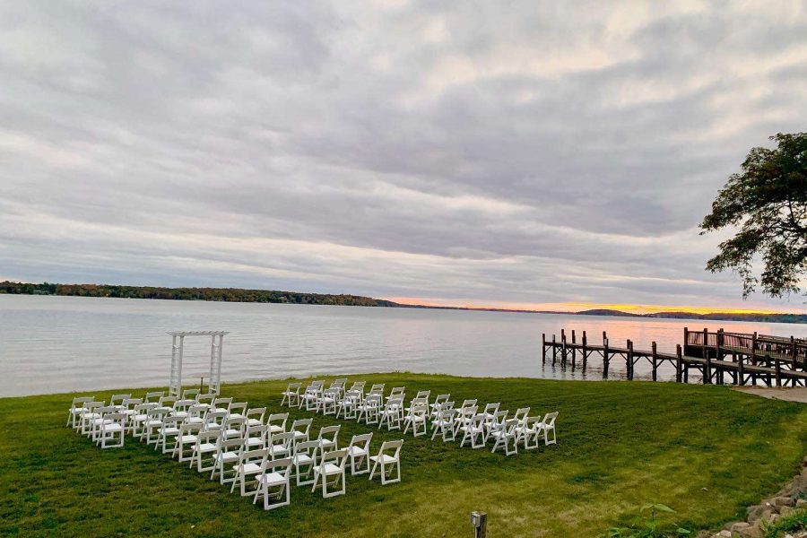 Lakeside ceremony set up at the Heidel House Hotel in Green Lake