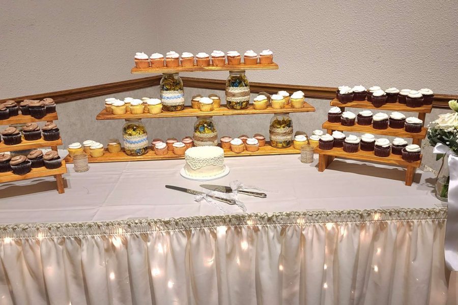 Wedding cupcake display by La Sure’s Bakery