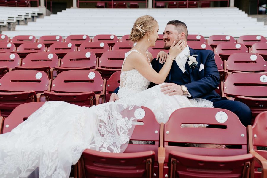 Bride and groom at the Fox Cities Stadium in Appleton.