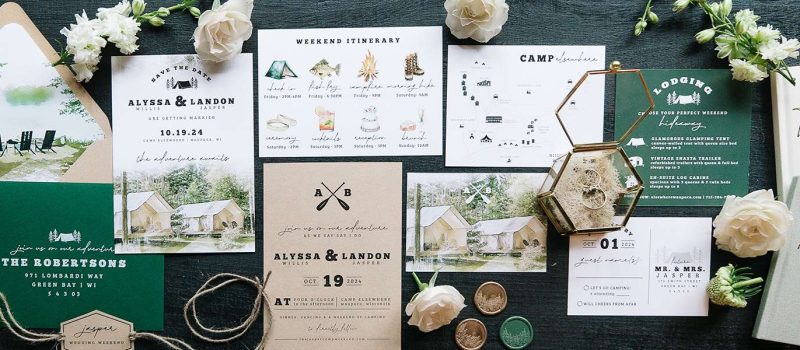 Camp collection of wedding invitations, inserts, and his and hers books